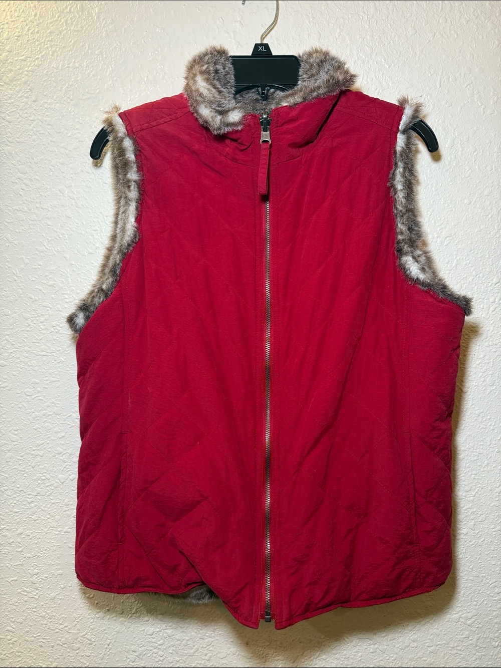 Charter Club Red Quilted Vest with Faux-Fur Trim